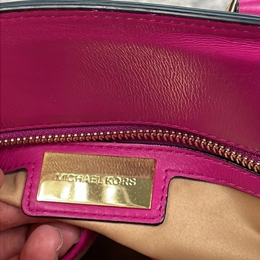 Michael Kors Collection Casey Large Leather Satchel Purse Padlock Bright Pink